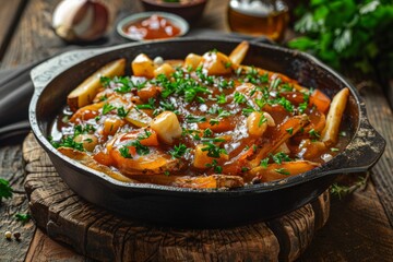 Classic Canadian poutine dish with crispy fries cheese curds and rich gravy studio shot on rustic wood