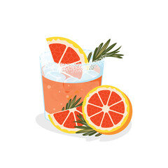 Vector illustration of a Paloma cocktail with grapefruit slices, rosemary, and ice. Refreshing citrus drink perfect for bar menus, summer designs, and tropical-themed artwork.