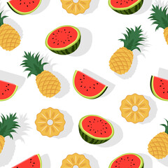 Watermelon and Pineapple seamless repeat pattern wallpaper for fabric design needs, banners, decorations and other designs for cute summer or children's themes.