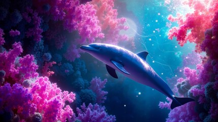 A dolphin swimming in the ocean surrounded by pink coral