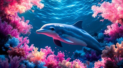 A dolphin swimming in the ocean surrounded by coral reefs