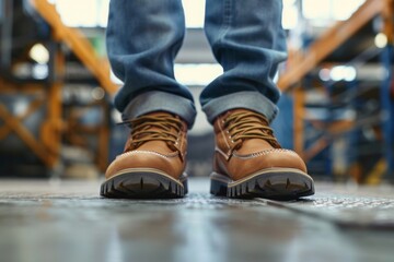 Close up of safety working shoe on worker feet standing in factory