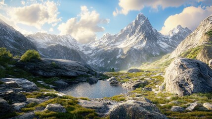 Fototapeta premium Scenic mountain vista with a tranquil alpine pool.