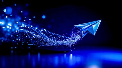 A paper airplane flying through the air with a blue background