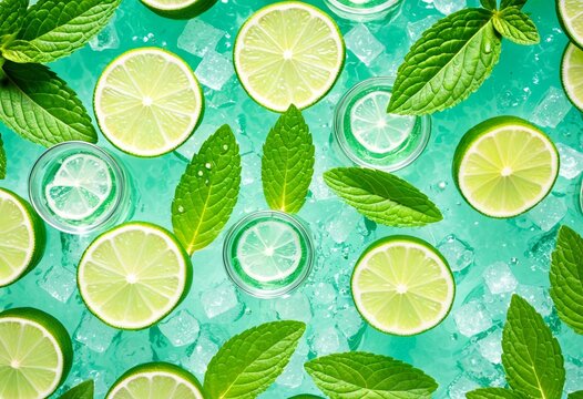 A group of glasses filled with ice and lime slices.