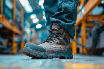 Close up of safety working shoe on worker feet standing in factory