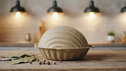 Beige paper food container on wooden table