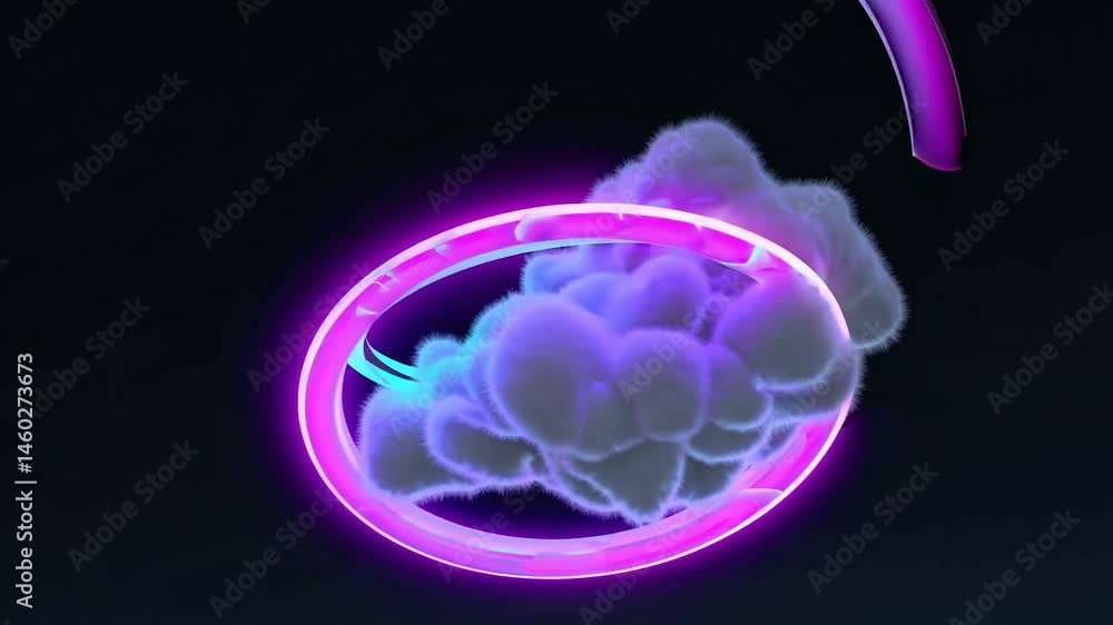 Poster fluffy cloud rotating and interacting with neon light rings creates a mesmerizing visual on a black 