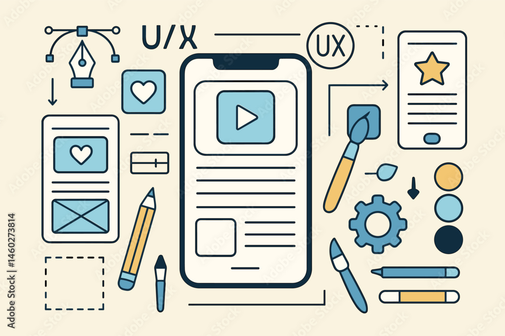 Poster vector illustration of mobile app interface design process with wireframes, ui/ux elements, and desi