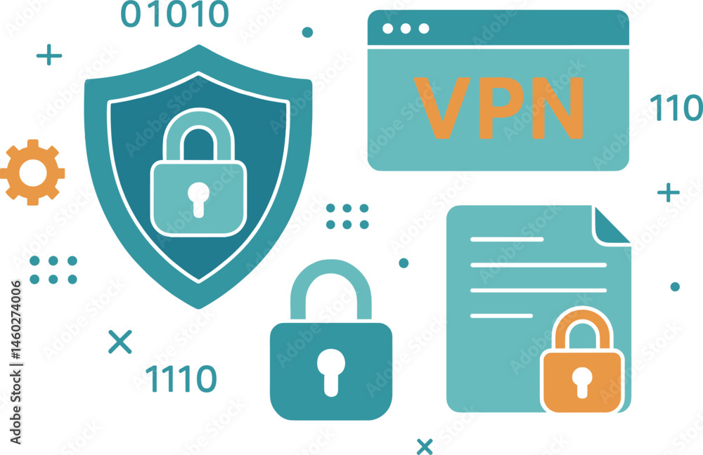 Aufkleber vector illustration of digital security and privacy with shield, lock, vpn, and secure data icons. m