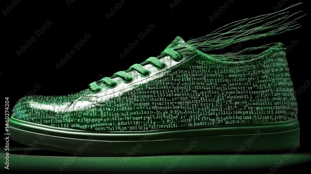 Poster digital binary code flowing across laptop depicting concepts of cybersecurity data and networking