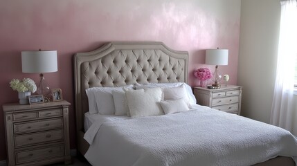Elegant bedroom interior with a blush pink accent wall.