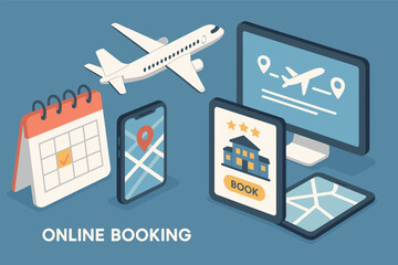 Vector illustration in isometric style of online booking and travel planning with calendar, flights, hotels, and digital maps