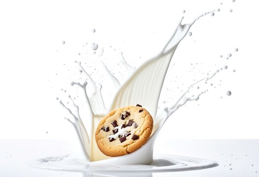 A cookie falling into a glass of milk.