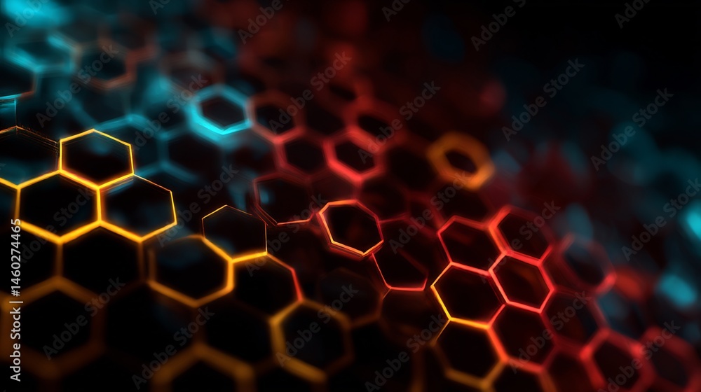 Poster futuristic honeycomb structure with vibrant glowing edges creating an abstract network