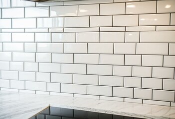 A close up of a white subway tile wall.