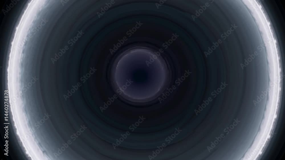 Poster Concentric white circles gradually morphing into dark empty void, revealing small bright center with digital glitch and noise distortion effect, creating surreal visual transformation