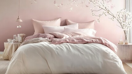 Soft, blush-toned bedroom showcasing cozy bedding.