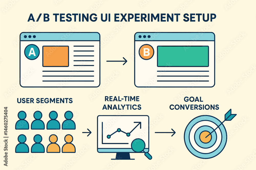 Poster vector illustration of a/b testing ui experiment setup with variation a and b, user segments, real-t