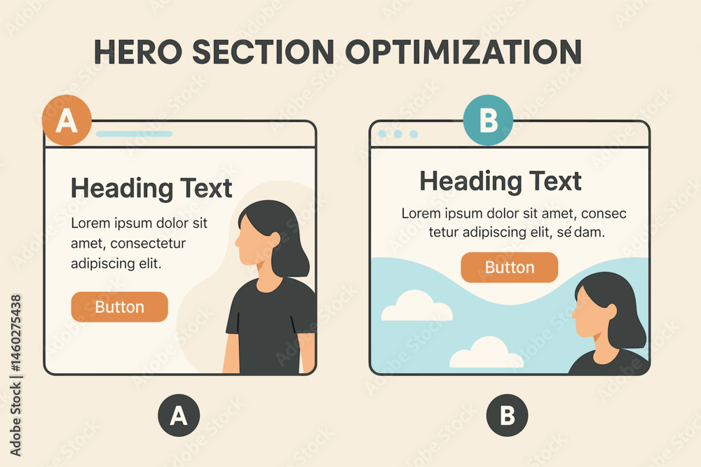 Poster vector illustration of hero section optimization with split a/b hero banners, text alignment, call-t