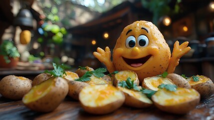 Naklejka premium Smiling vegetable character with open arms stands amongst potatoes with parsley, food preparation and presentation, cheerful scene on a transparent background, PNG image, PNG file.