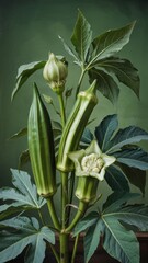 Obraz premium Bright Green Okra Plants on Reddish Wooden Surface With Leafy Contrast