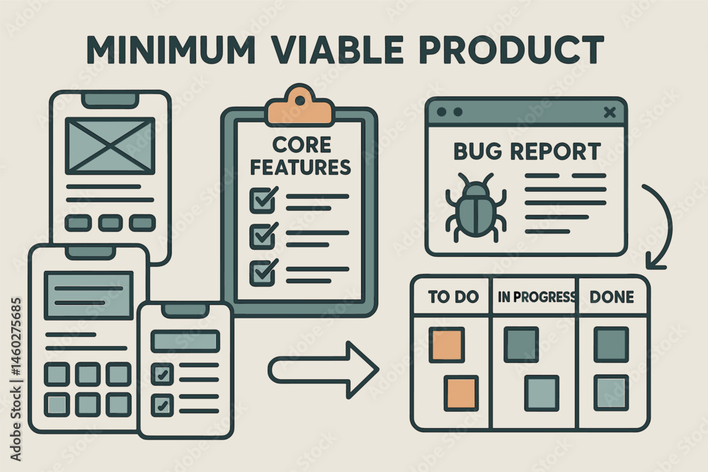Poster vector illustration of minimum viable product development with wireframe screens, checklist of core 
