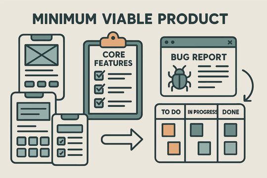 Vector illustration of minimum viable product development with wireframe screens, checklist of core features, bug report window, and agile board