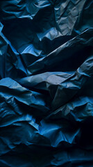 Dark blue fabric texture, deeply crumpled, showing folds and shadows, suggesting depth and mystery, suitable for dramatic or moody designs