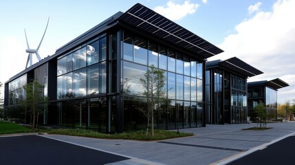 Obraz premium An eco-friendly building with solar panels and wind turbines