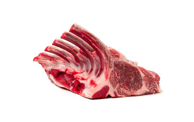 Obraz premium Raw lamb rack isolated, fresh mutton fillet with ribs, tenderloin pieces, mutton rump sirloin meat