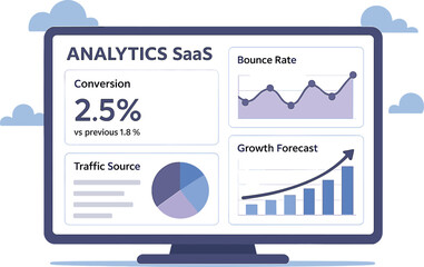 Vector illustration of analytics SaaS platform showing conversion metrics, bounce rate graphs, traffic source pie chart, and growth forecast