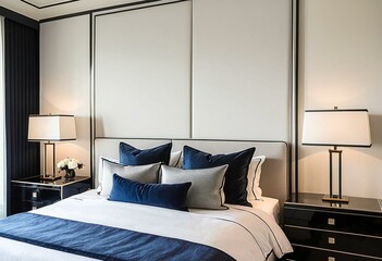 A bedroom with a large bed and a night stand.