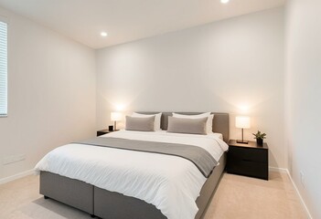 A bedroom with a bed, nightstands and a window.