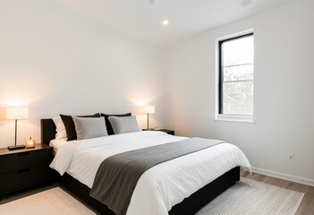 A bedroom with a bed, nightstands and a window.