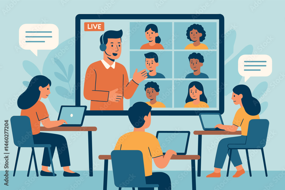 Poster vector illustration of virtual classroom scene with students attending live session via laptops, vid