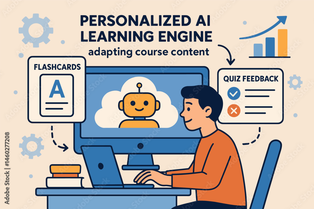Poster vector illustration of personalized ai learning engine adapting course content, offering flashcards,