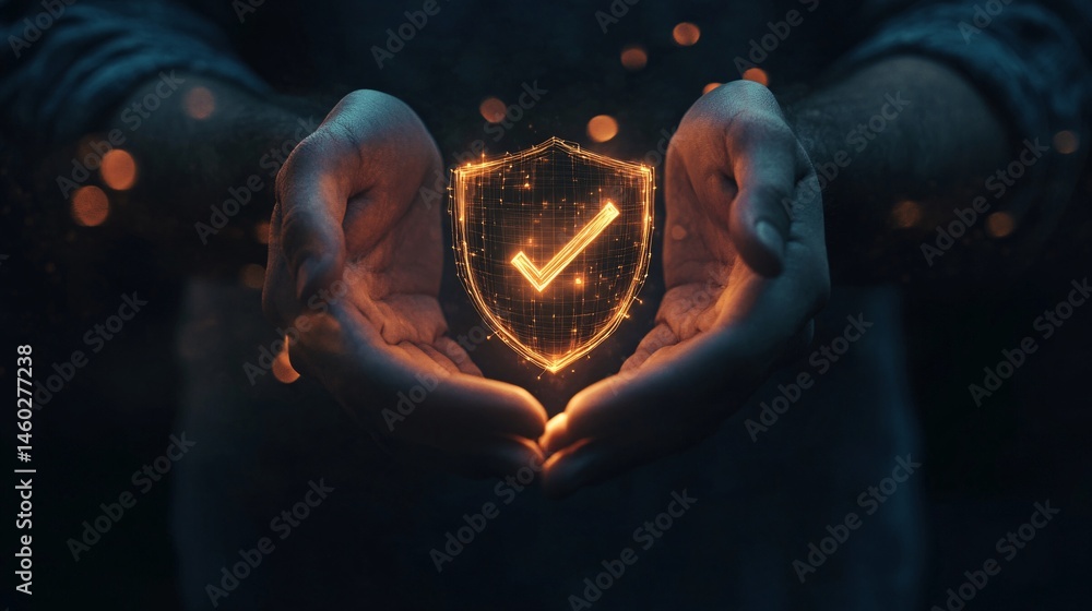 Poster glowing digital shield and checkmark symbolizing trust in security