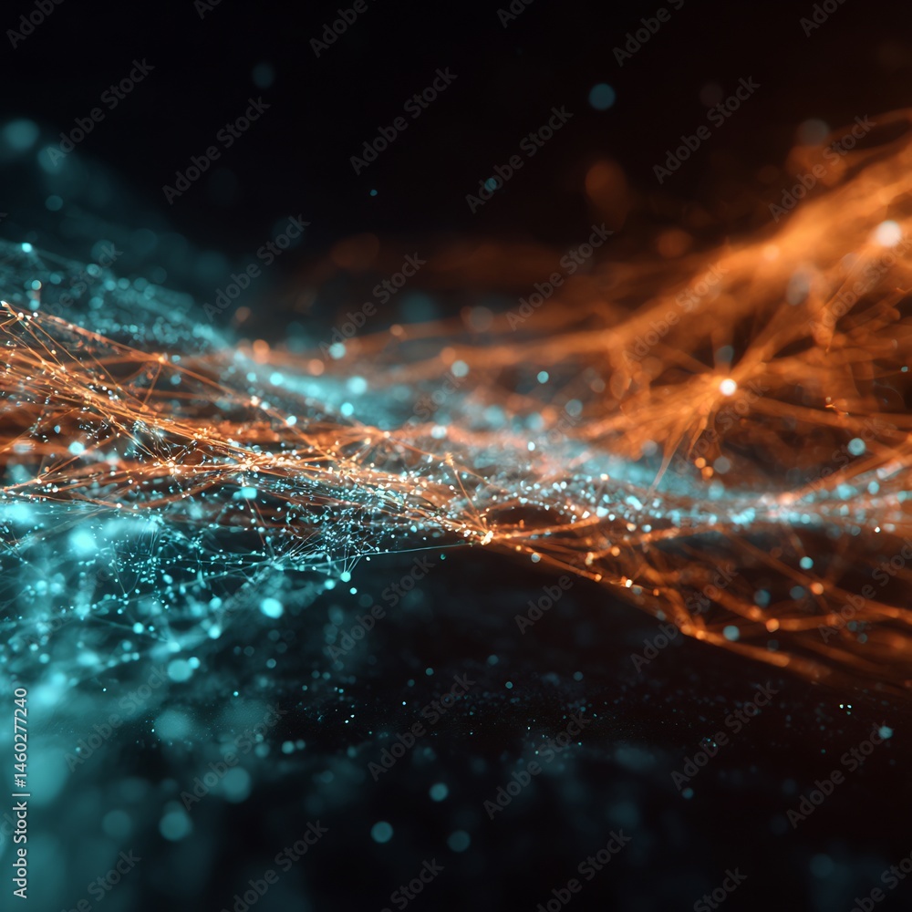 Poster abstract visualization: interconnected data network with glowing nodes and lines