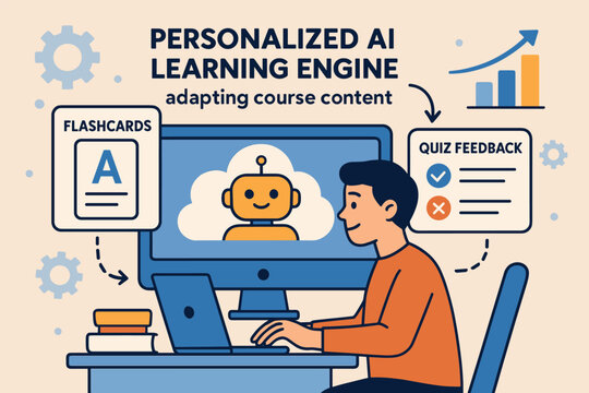 Vector illustration of personalized AI learning engine adapting course content, offering flashcards, and quiz feedback based on user progress