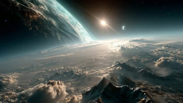 Rocky extraterrestrial surface with mountain peaks and swirling clouds under glowing light from distant sun and visible planets in orbit. Concept of deep space exploration and sci-fi worldbuilding