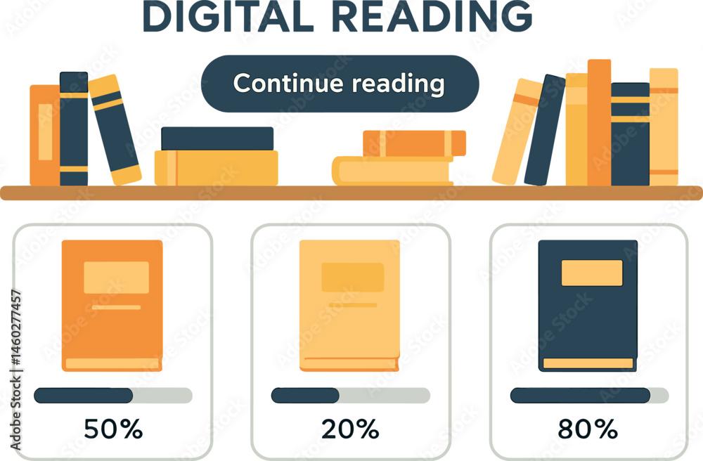 Poster vector illustration of digital reading app interface showing virtual bookshelf, reading progress bar