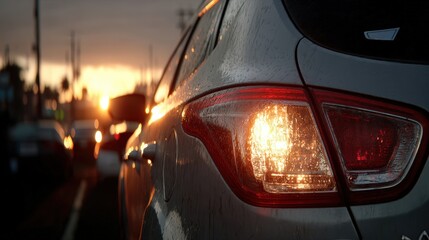 Obraz premium A dynamic side view of a car in city traffic, illuminated by the warm glow of the setting sun, with the rain-slicked streets adding a reflective quality