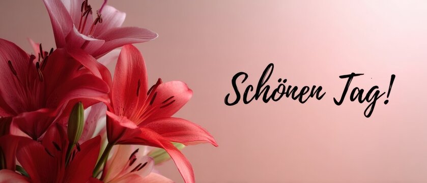 Gru&szlig;karte mit roten Lilienbl&uuml;ten und der Aufschrift Sch&ouml;nen Tag, ein Blumengru&szlig; f&uuml;r positive Stimmung und freundliche Botschaften