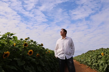 man in sunflower field