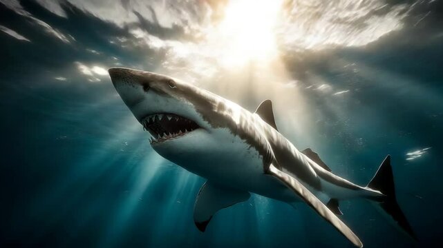 Powerful great white shark gliding underwater with open jaws as sunlight pierces surface from above. Concept of marine wildlife and primal ocean predator