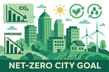 Fototapeta premium Net-zero city goal — Vector illustration of carbon-neutral urban district showing emission charts, clean energy mix, and resource loops