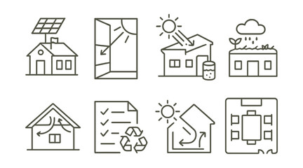 Line style icons of sustainable school design education: solar school model, daylight diagram, rain collection system, green roof model, natural ventilation sketch, recycled material list, passive