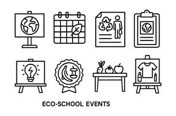 Line style icons of eco school events: Earth Day sign, green week planner, community clean-up flier, eco poster contest, energy-saving day board, food waste challenge badge, garden harvest table,