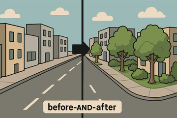 Vector illustration of before-and-after comparison showing barren urban street transformed with tree-lined sidewalks and green corners